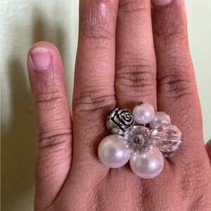 Adjustable rose, pearl and bead ring